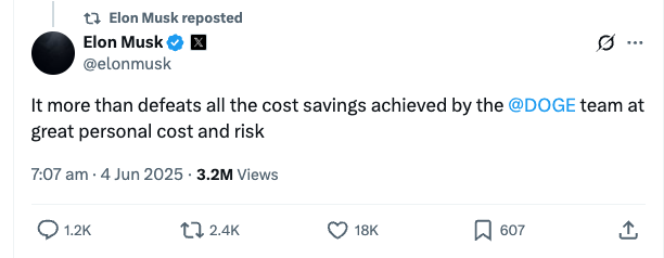It more than defeats all the cost savings achieved by the
                @DOGE team at great personal cost and risk