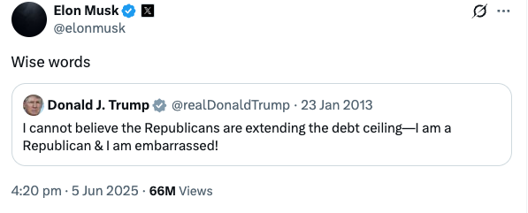 I cannot believe the Republicans are extending the debt ceiling—I am a Republican & I am embarrassed!
            @realDonaldTrump
            23 Jan 2013
            