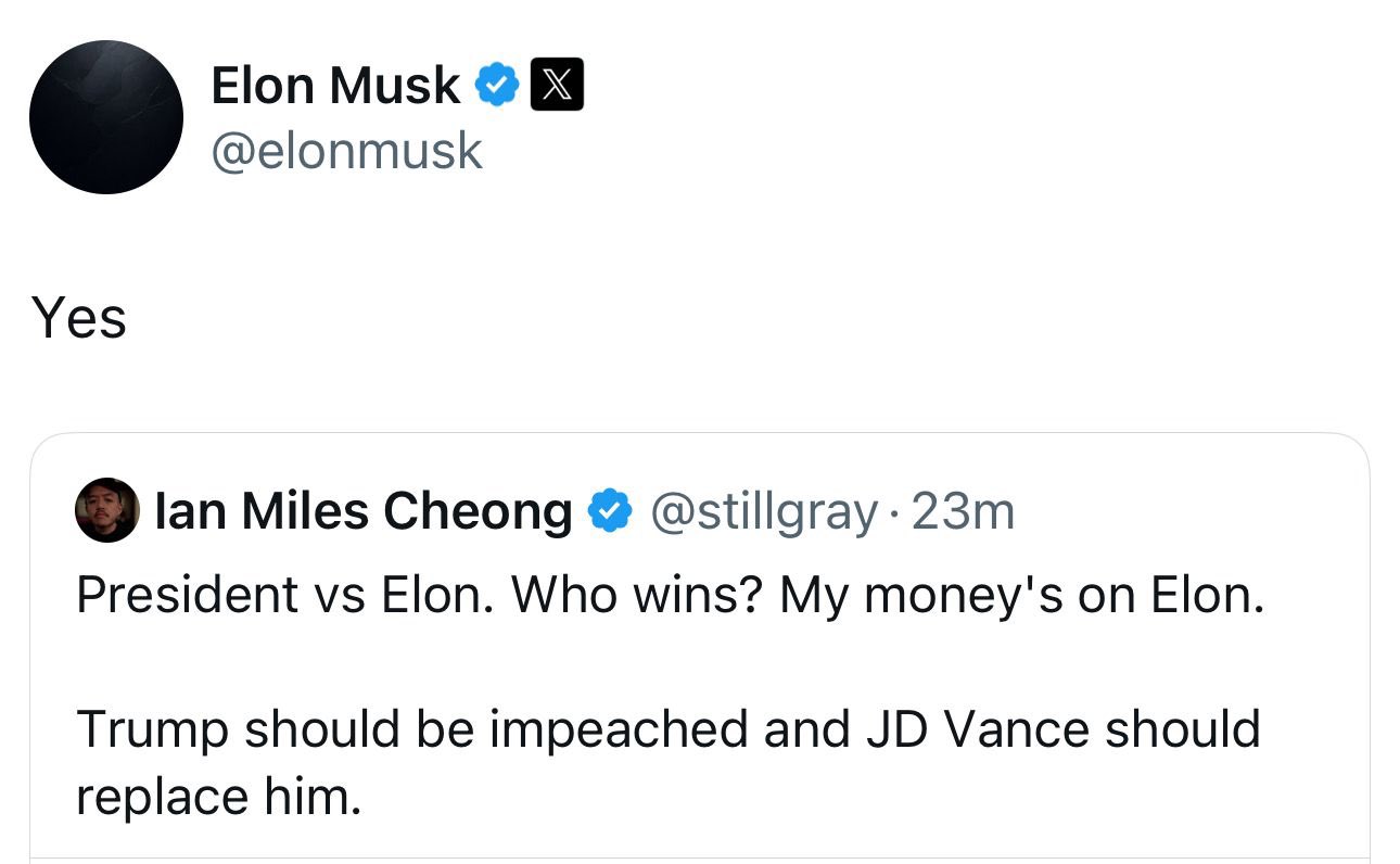 President vs Elon. Who wins? My money's on Elon. Trump should be impeached and JD Vance should replace him.